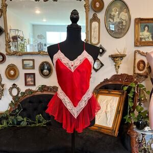Vintage fantasy Lingerie red white bodysuit shiny liquid satin lace size m